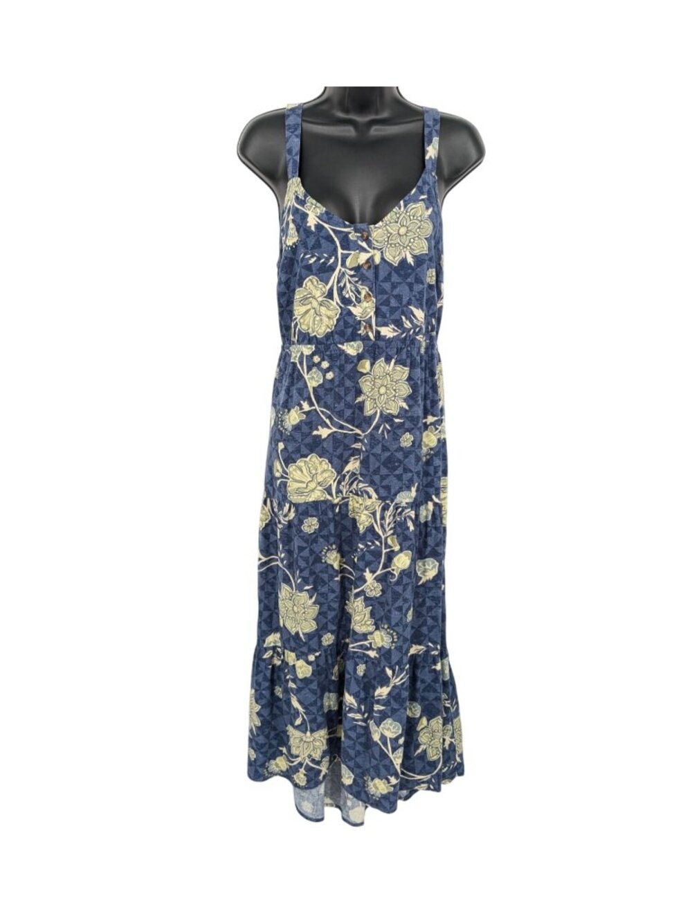 Floral Linen Blend Tiered Maxi Dress Tropical Cottage Boho Flowy Pockets Large